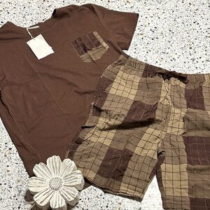 NWT Brown and Tan Checkered Tshirt and Shorts Set- size small